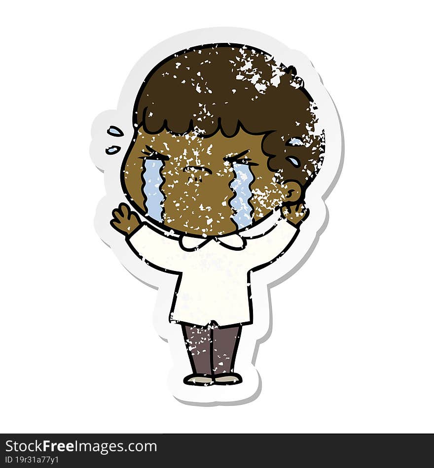 distressed sticker of a cartoon man crying