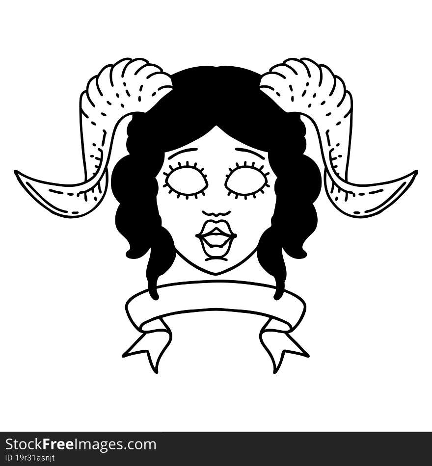 Black and White Tattoo linework Style tiefling character face with scroll banner. Black and White Tattoo linework Style tiefling character face with scroll banner