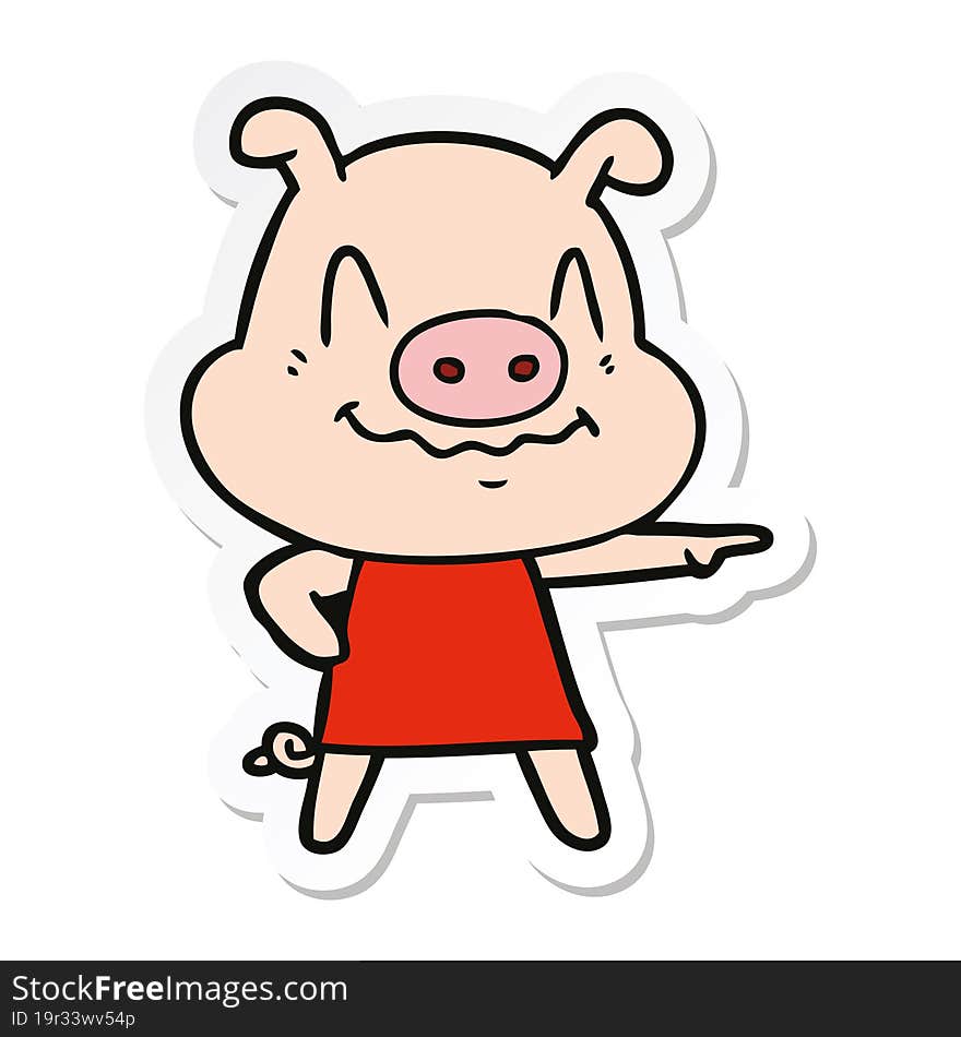 sticker of a nervous cartoon pig wearing dress