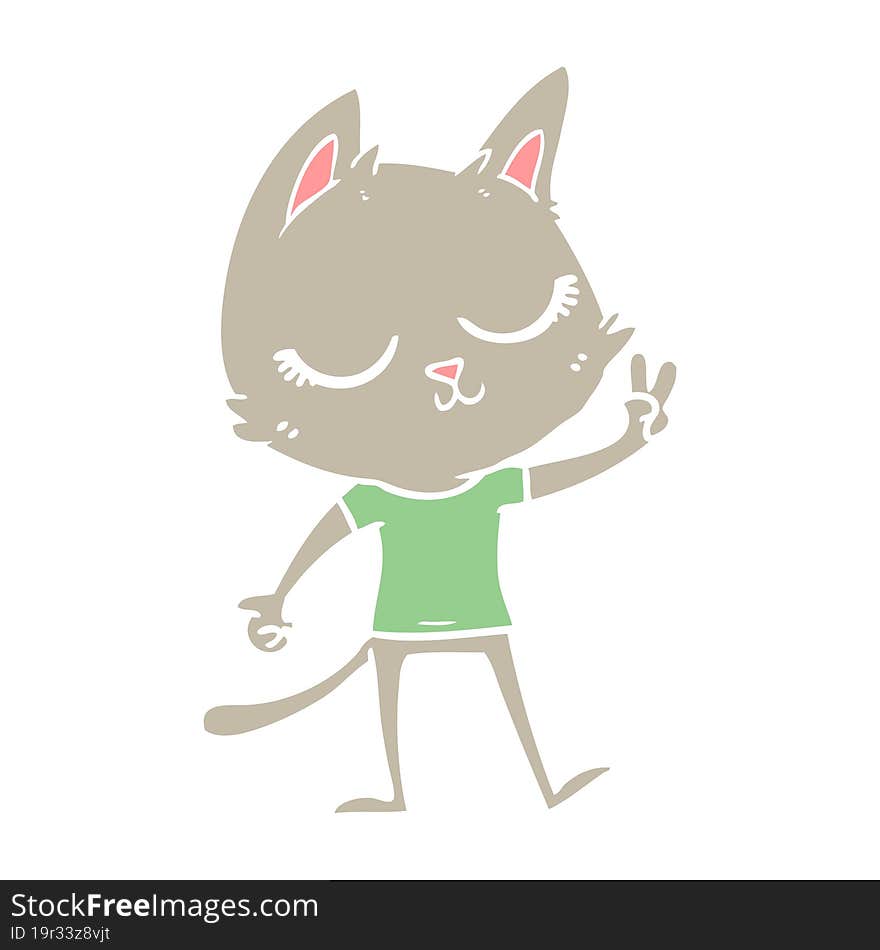 calm flat color style cartoon cat giving peace sign