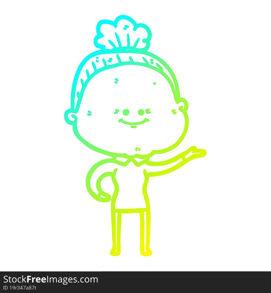 cold gradient line drawing cartoon happy old woman