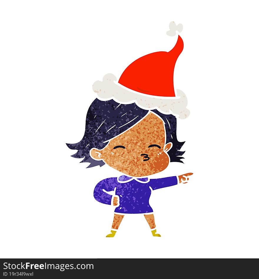 Retro Cartoon Of A Woman Pointing Wearing Santa Hat