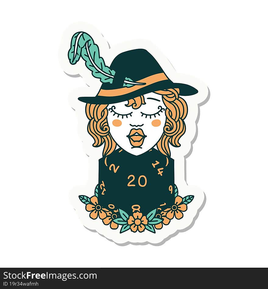 sticker of a human bard with natural 20 dice roll. sticker of a human bard with natural 20 dice roll