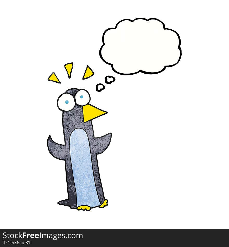 freehand drawn thought bubble textured cartoon surprised penguin