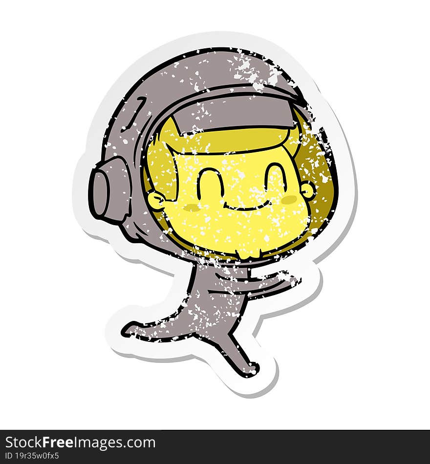 distressed sticker of a happy cartoon astronaut man