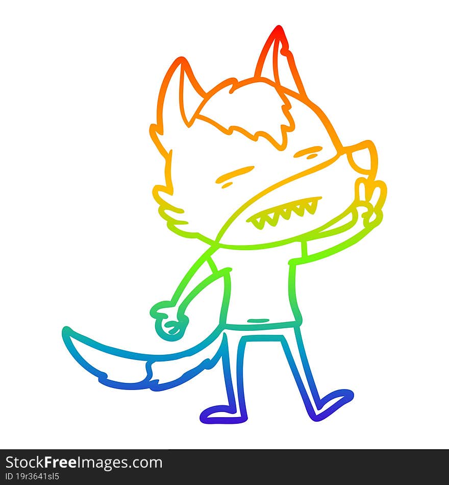 rainbow gradient line drawing of a cartoon wolf showing teeth