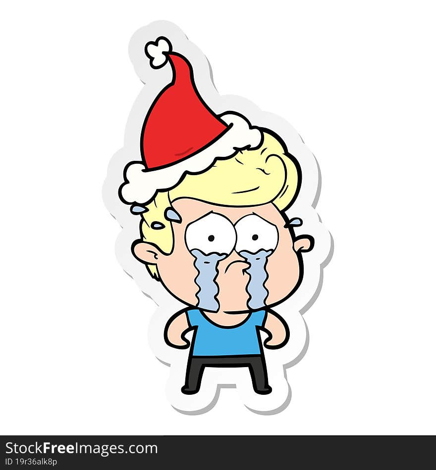 Sticker Cartoon Of A Crying Man Wearing Santa Hat