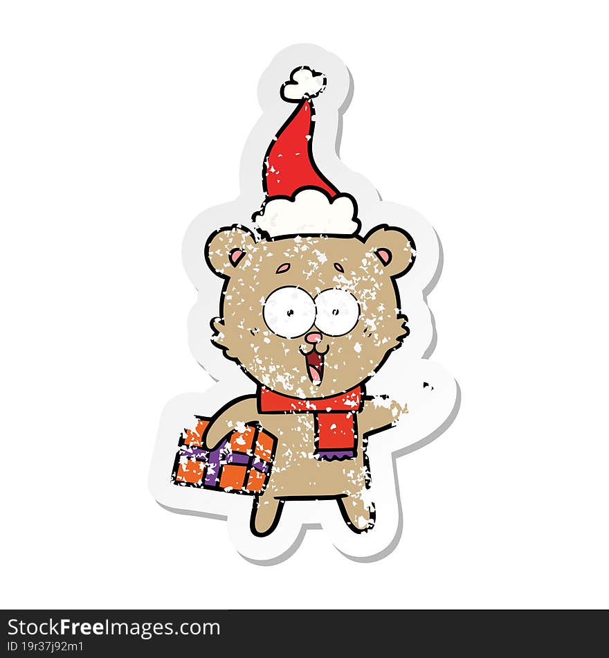 Laughing Teddy  Bear With Christmas Present Wearing Santa Hat