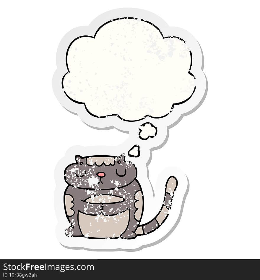 cute cartoon cat with thought bubble as a distressed worn sticker