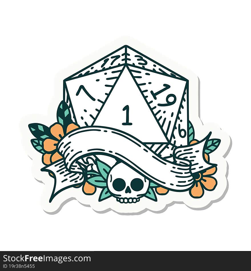 sticker of a natural one d20 dice roll. sticker of a natural one d20 dice roll