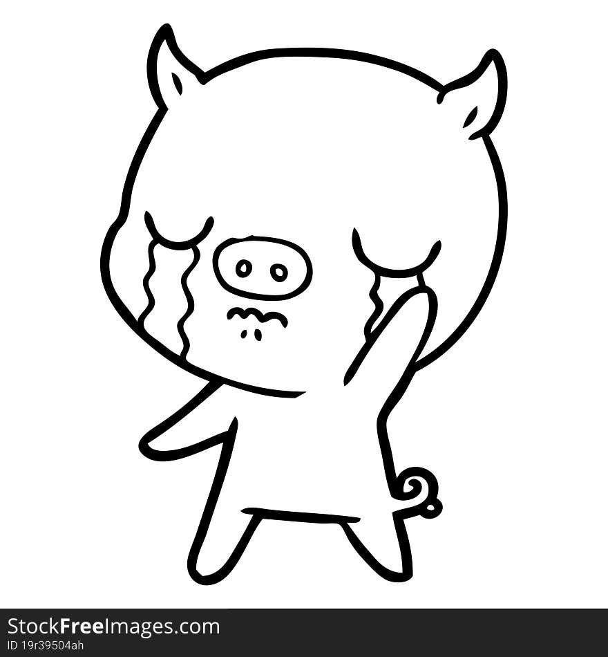 cartoon pig crying waving goodbye. cartoon pig crying waving goodbye