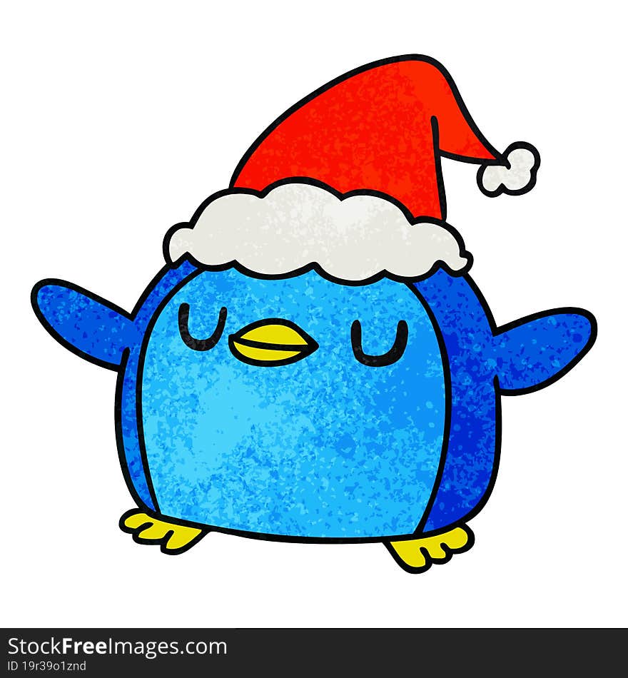 hand drawn christmas textured cartoon of kawaii penguin