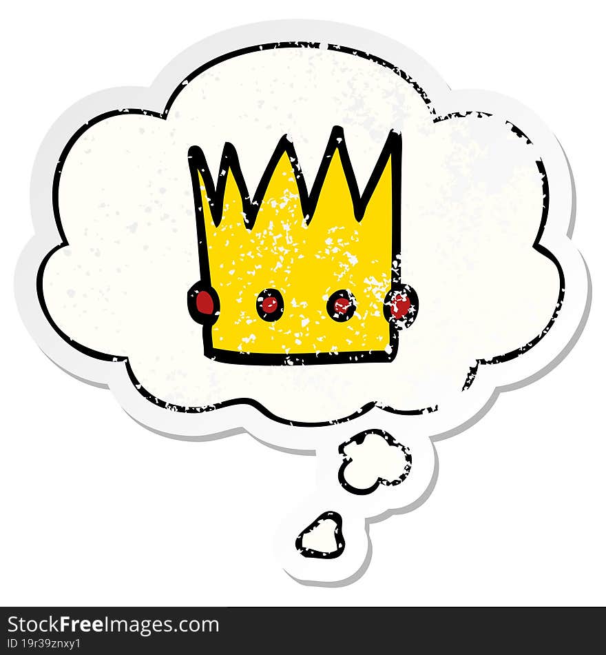 cartoon crown and thought bubble as a distressed worn sticker