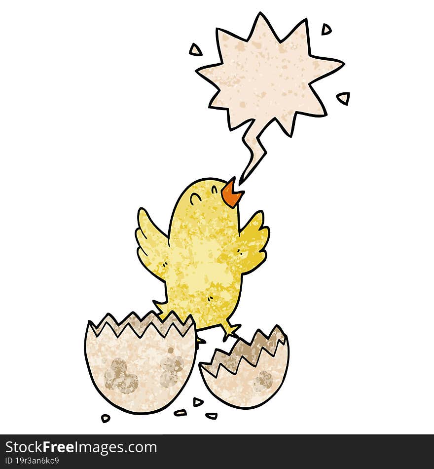 cartoon bird hatching from egg and speech bubble in retro texture style