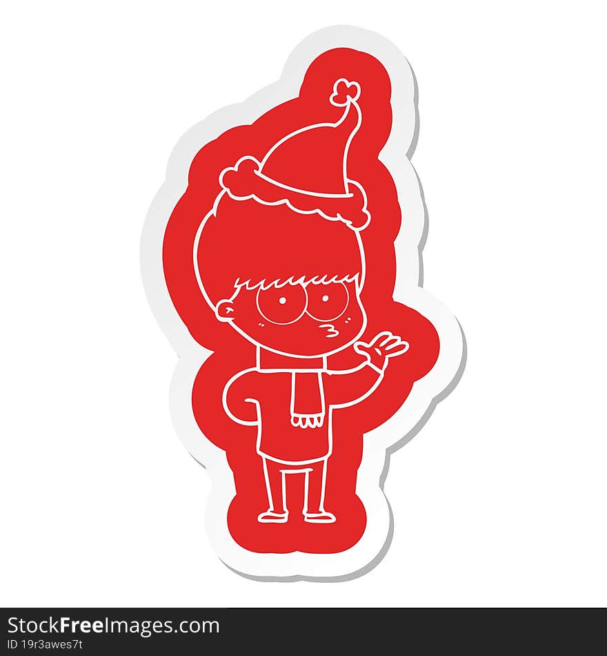 nervous cartoon  sticker of a boy wearing santa hat