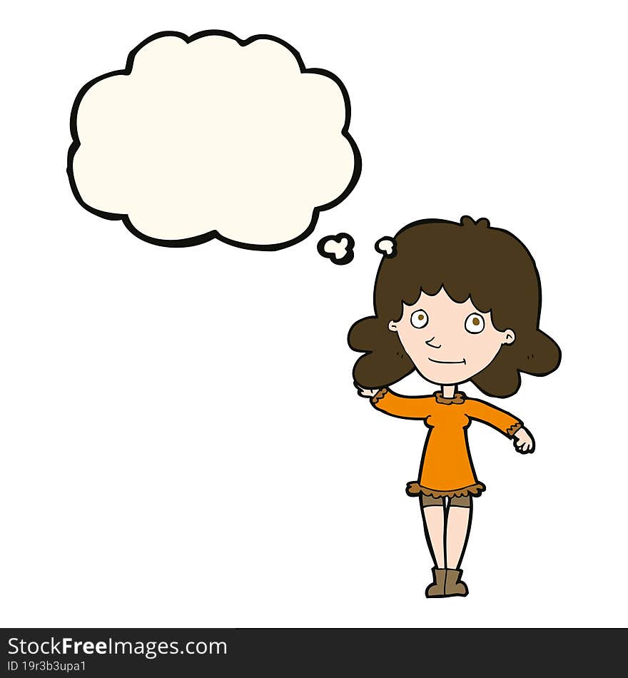 cartoon friendly woman waving with thought bubble