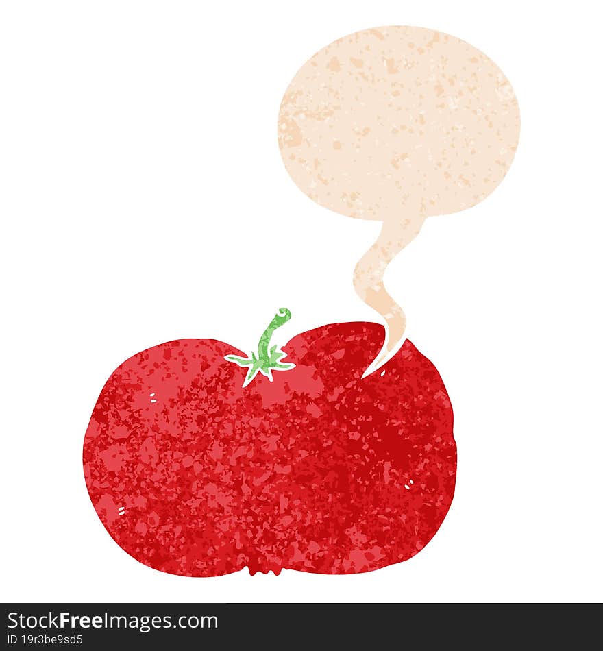 cartoon tomato and speech bubble in retro textured style