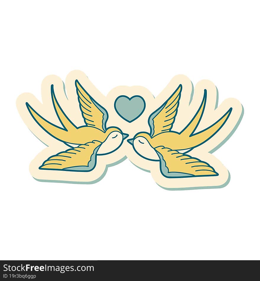 sticker of tattoo in traditional style of swallows and a heart. sticker of tattoo in traditional style of swallows and a heart