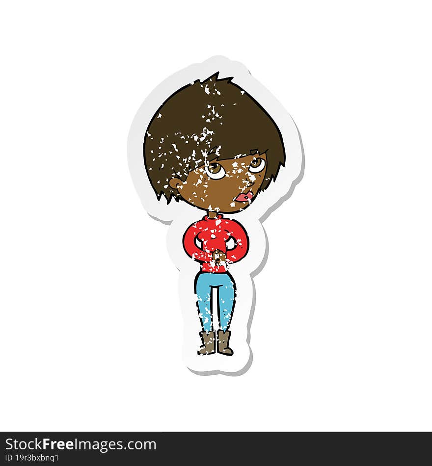 retro distressed sticker of a cartoon woman considering