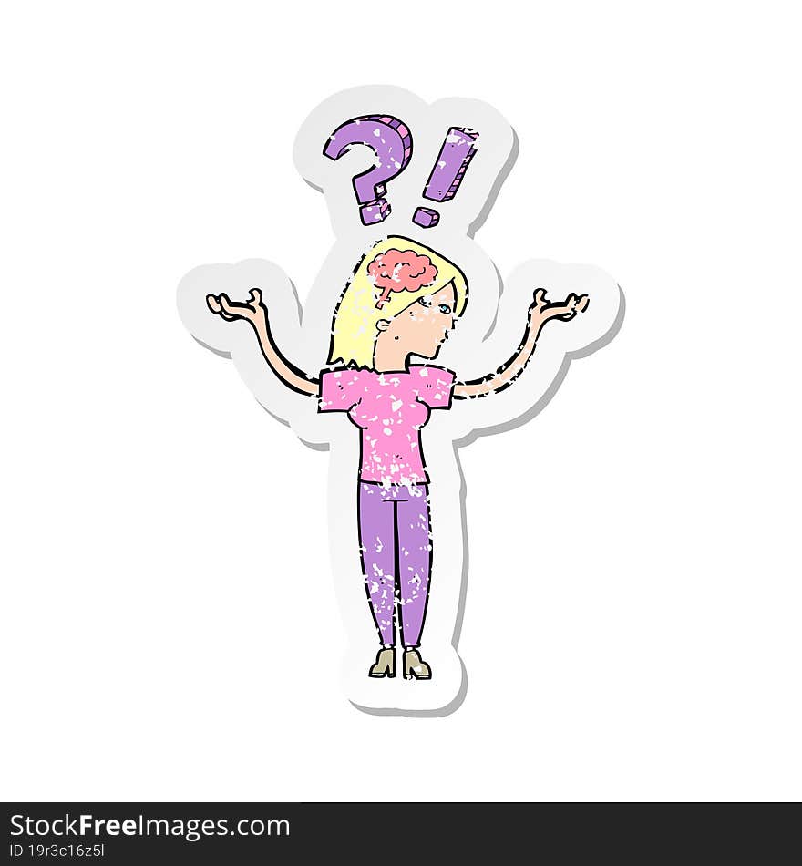 Retro Distressed Sticker Of A Cartoon Woman Asking Question