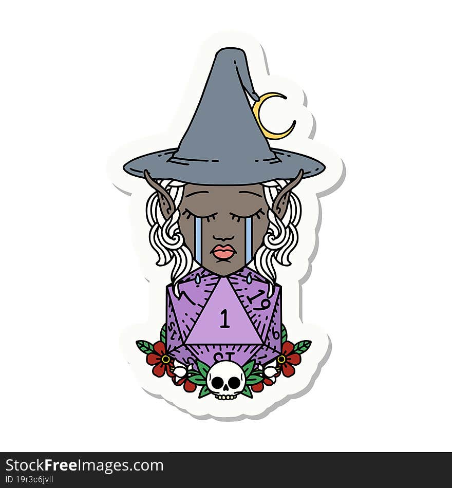 crying elf witch with natural one D20 roll sticker