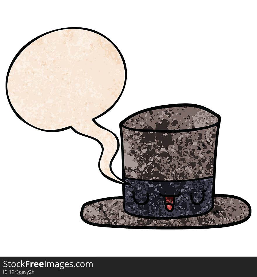 cartoon top hat and speech bubble in retro texture style