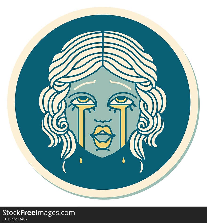 tattoo style sticker of a very happy crying female face