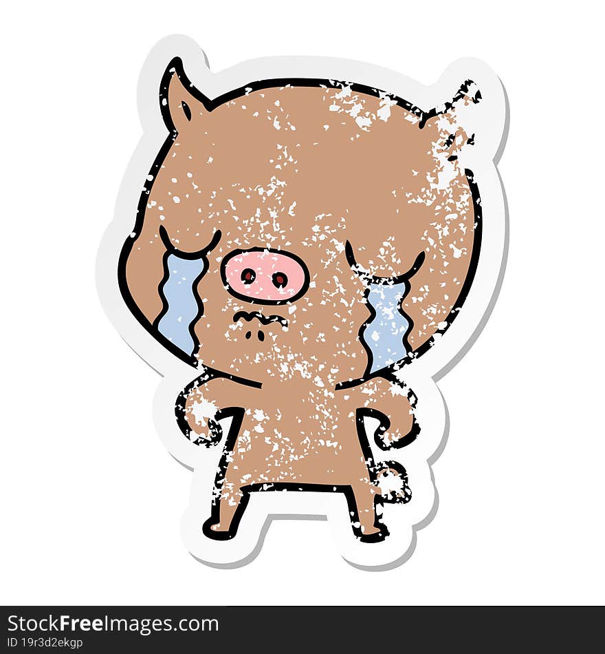 distressed sticker of a cartoon pig crying