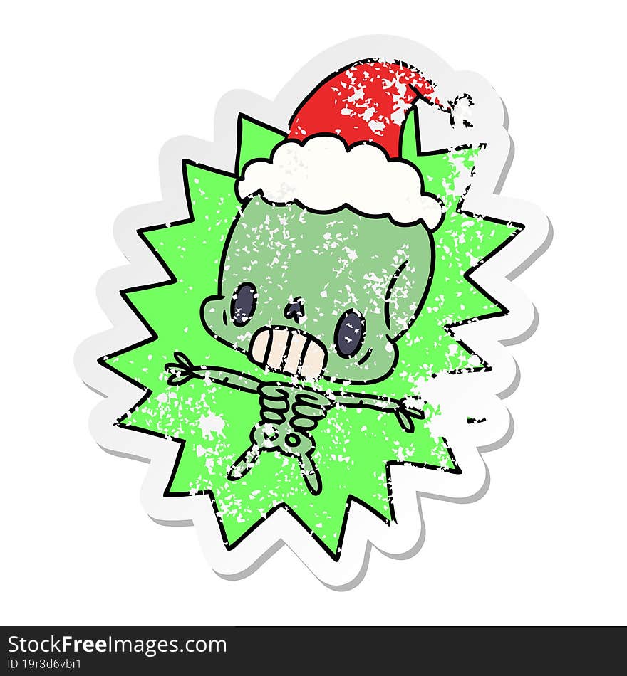 Christmas Distressed Sticker Cartoon Of Kawaii Skeleton