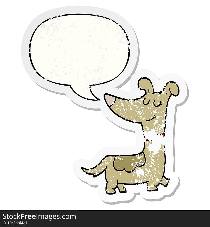 cartoon dog with speech bubble distressed distressed old sticker. cartoon dog with speech bubble distressed distressed old sticker