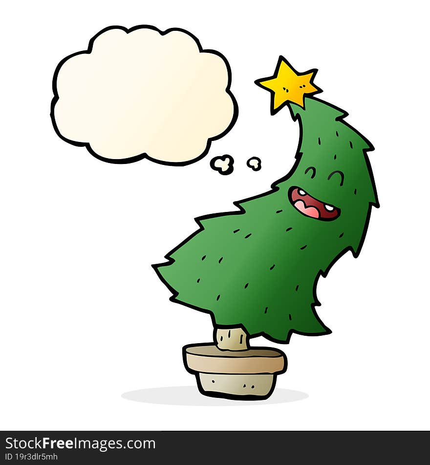 cartoon dancing christmas tree with thought bubble