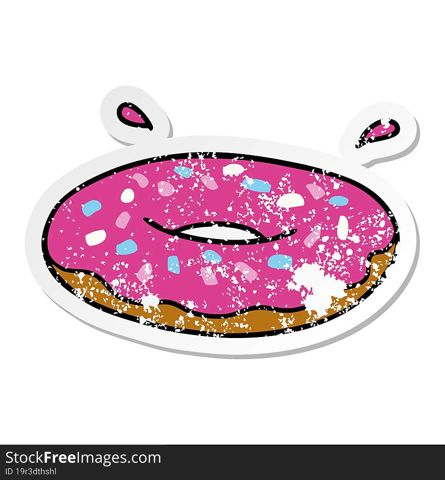 hand drawn distressed sticker cartoon doodle of an iced ring donut