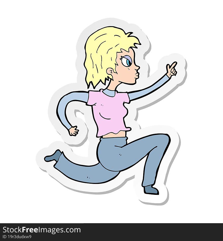 sticker of a cartoon woman running and pointing