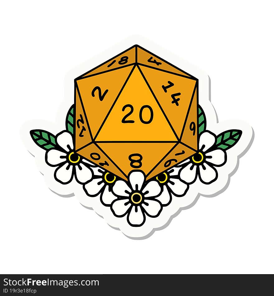 natural 20 D20 dice roll with floral elements sticker