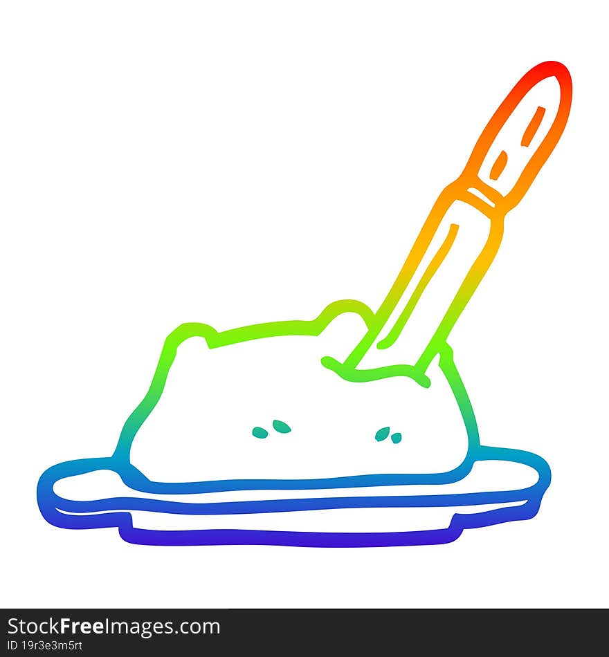 rainbow gradient line drawing of a cartoon butter and knife