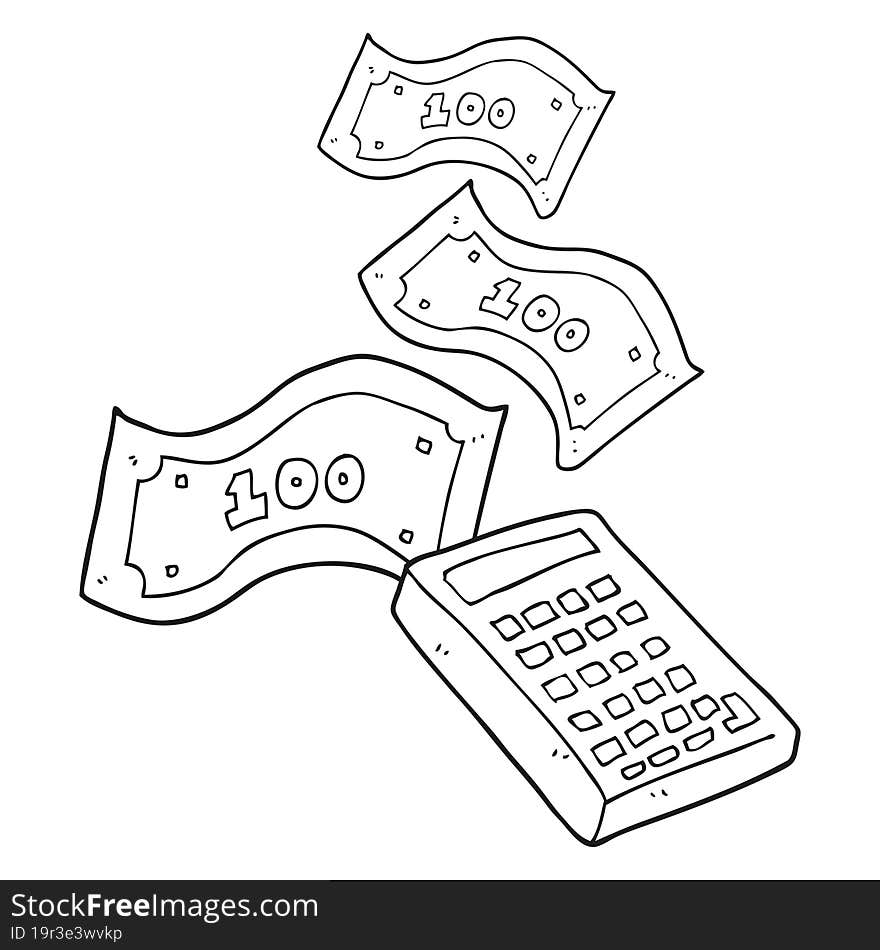 freehand drawn black and white cartoon calculator counting money