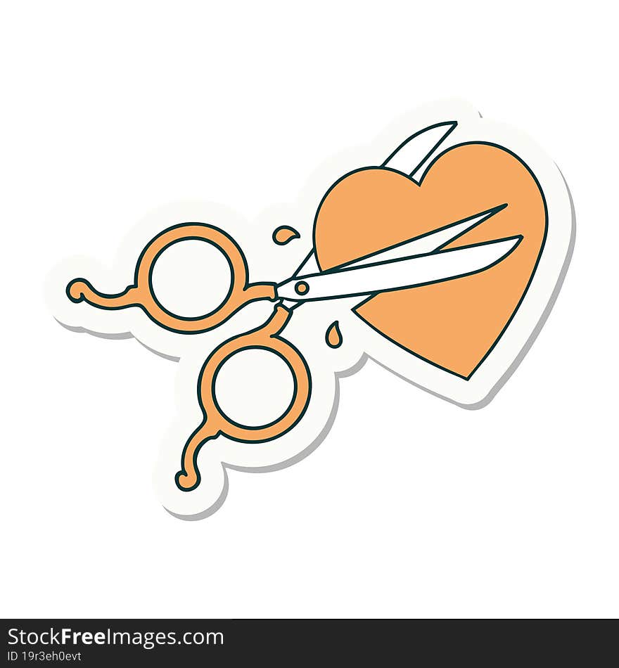 sticker of tattoo in traditional style of scissors cutting a heart. sticker of tattoo in traditional style of scissors cutting a heart