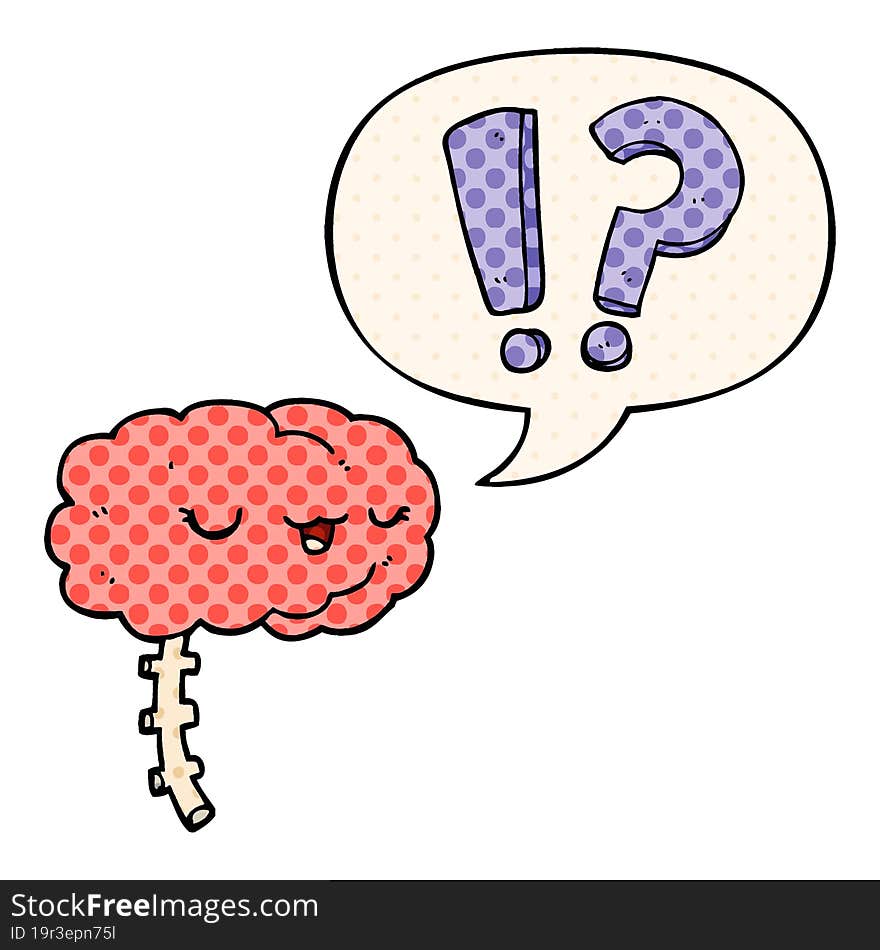 cartoon curious brain and speech bubble in comic book style