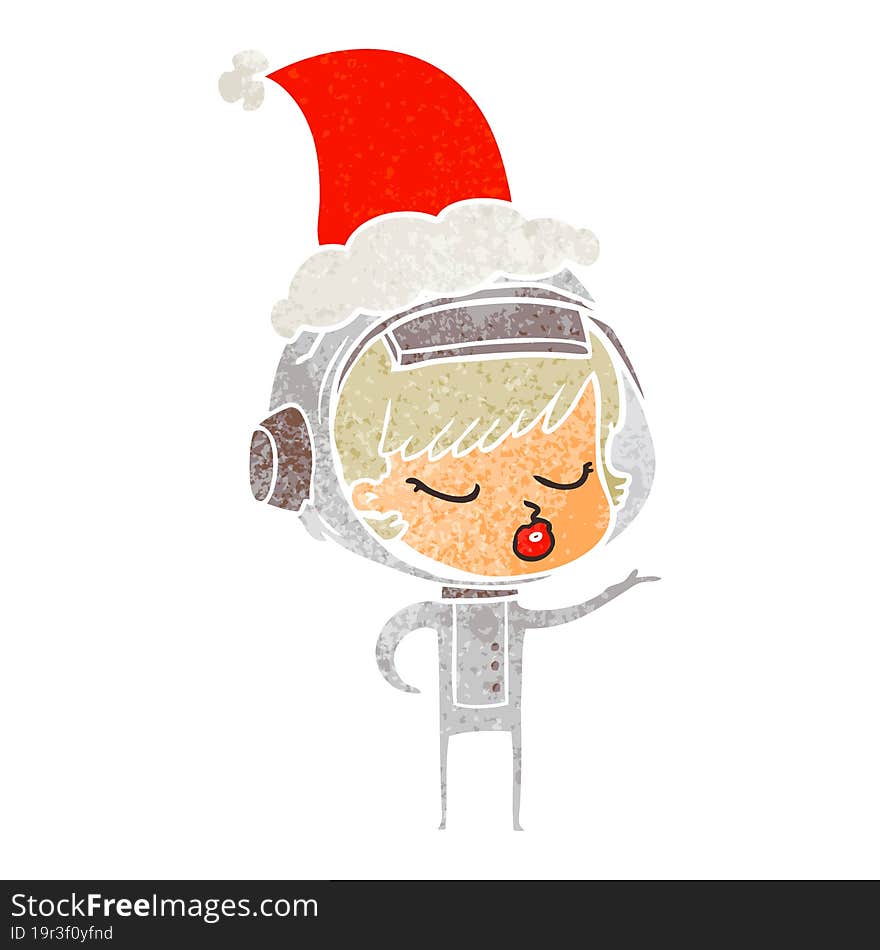 retro cartoon of a pretty astronaut girl wearing santa hat