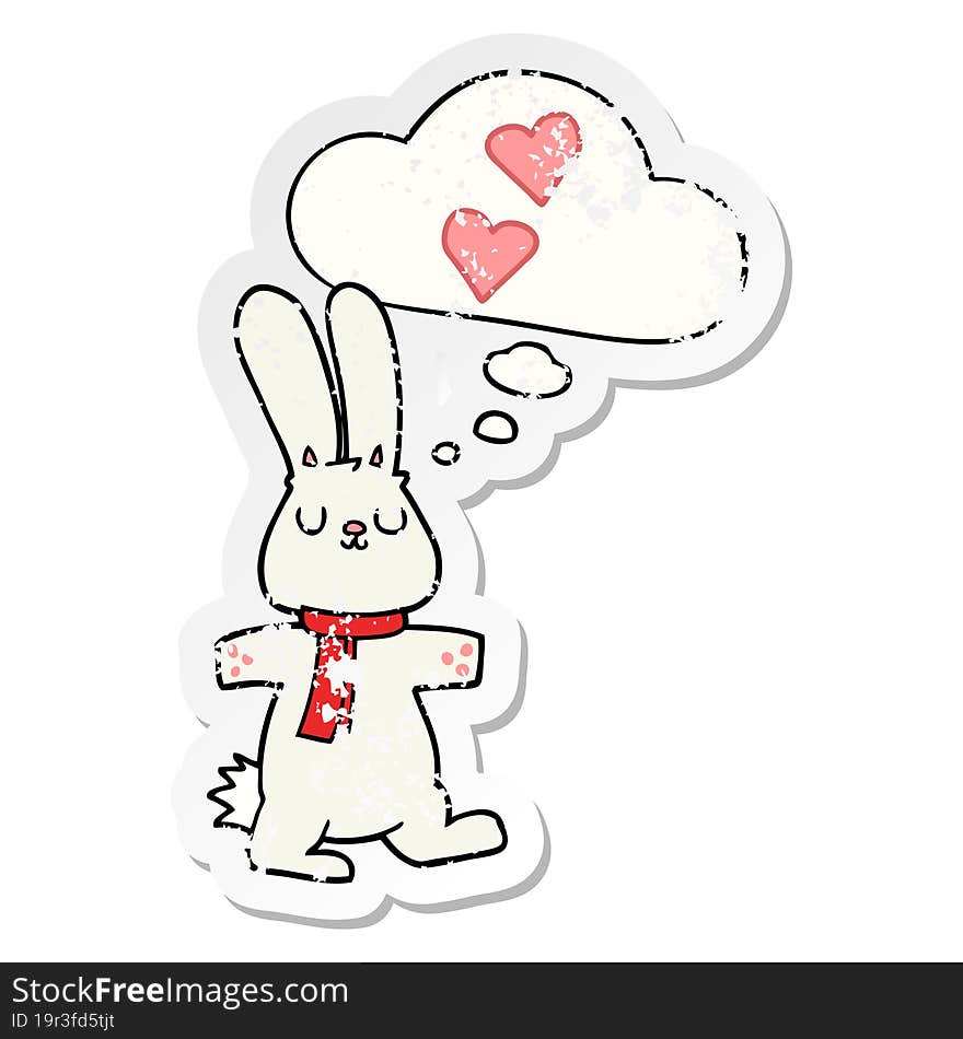 cartoon rabbit in love with thought bubble as a distressed worn sticker