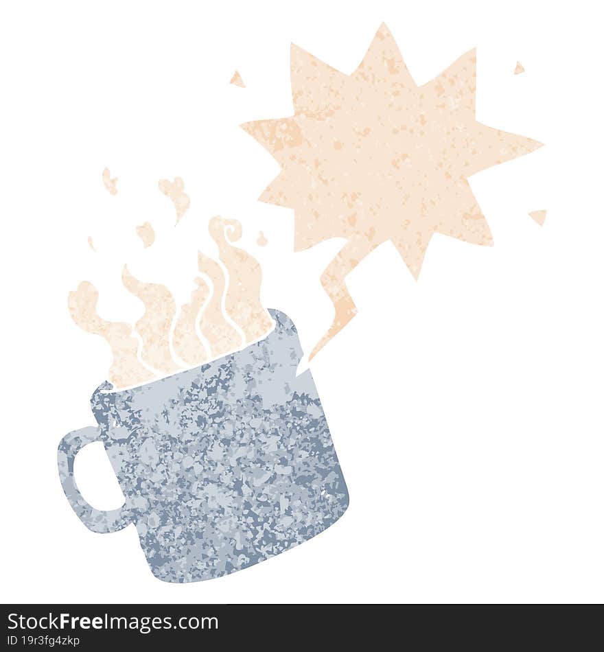 cartoon hot cup of coffee and speech bubble in retro textured style