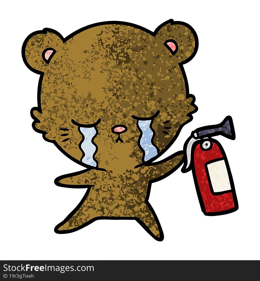 crying cartoon bear with fire extinguisher. crying cartoon bear with fire extinguisher