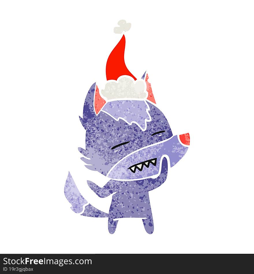 hand drawn retro cartoon of a wolf showing teeth wearing santa hat