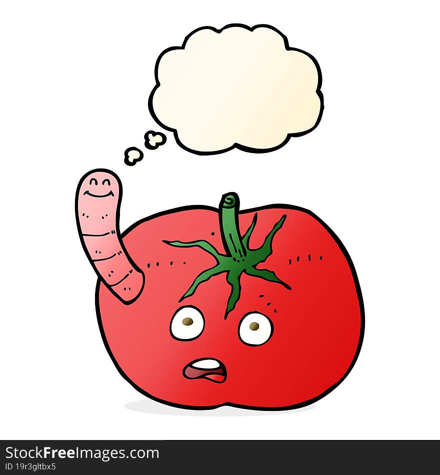 cartoon tomato with worm with thought bubble