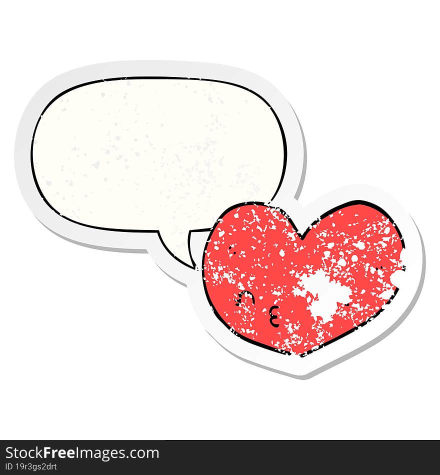 cartoon heart with face with speech bubble distressed distressed old sticker. cartoon heart with face with speech bubble distressed distressed old sticker