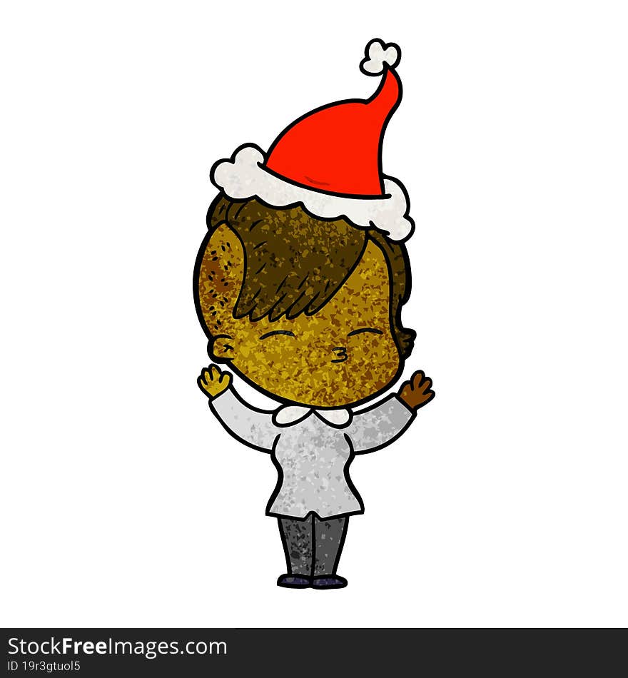 textured cartoon of a squinting girl wearing santa hat