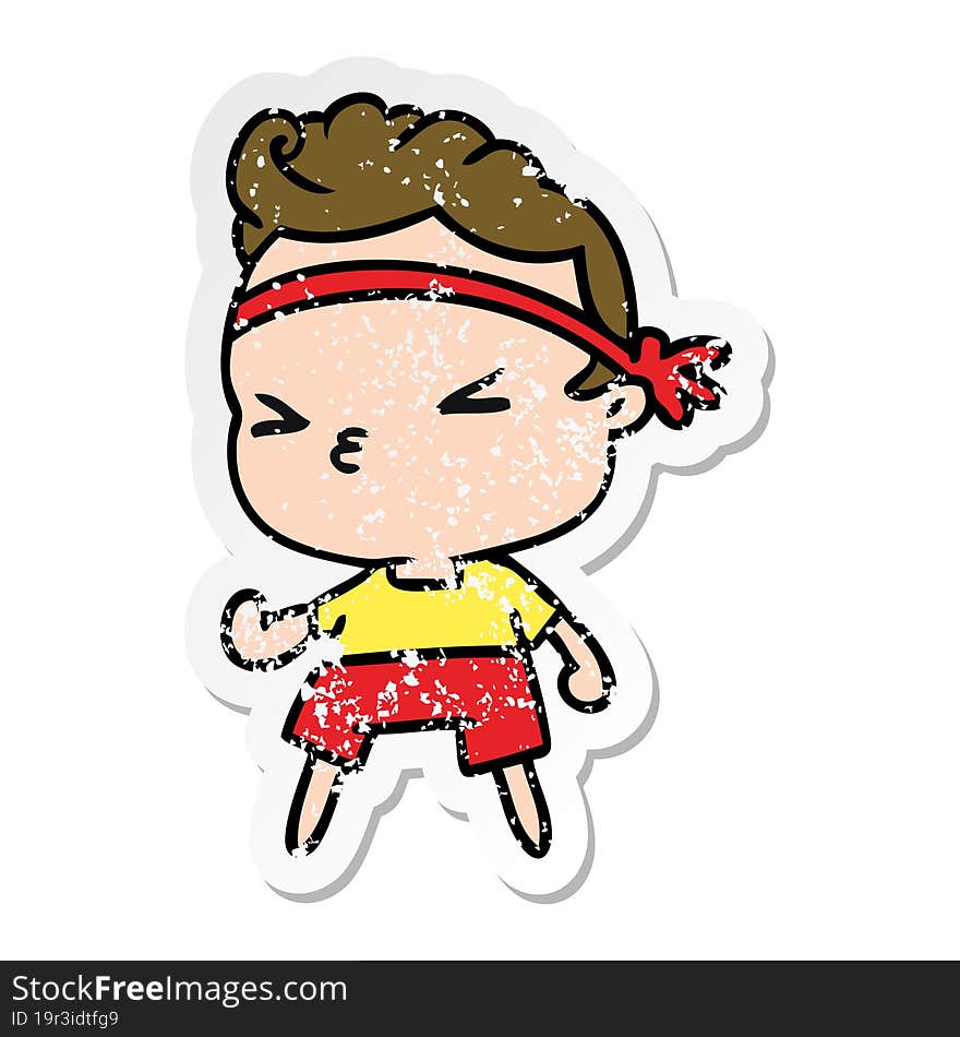 Distressed Sticker Cartoon Kawaii Working Out Boy