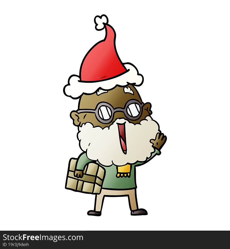 hand drawn gradient cartoon of a joyful man with beard and parcel under arm wearing santa hat