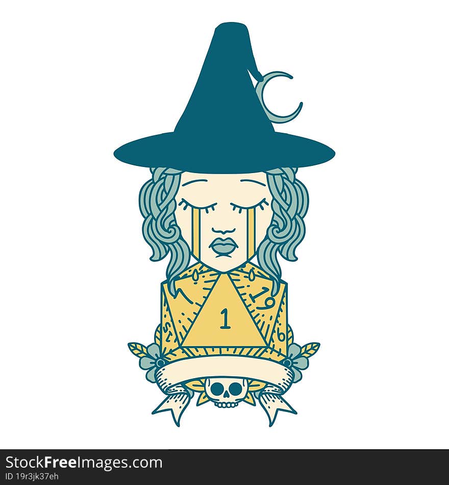 Retro Tattoo Style crying human witch with natural one roll. Retro Tattoo Style crying human witch with natural one roll