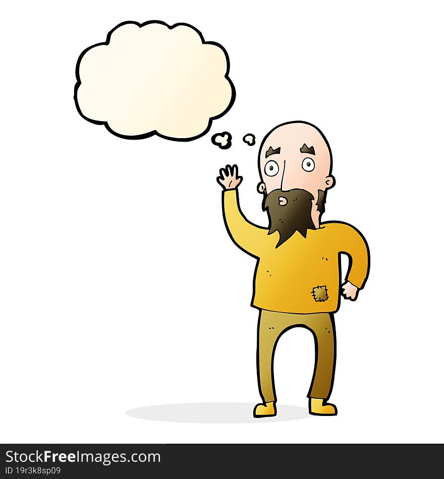 cartoon bearded man waving with thought bubble